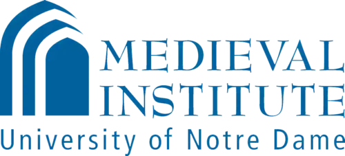 Logo for the Medieval Institute, University of Notre Dame, featuring three stylized blue arches and blue text.