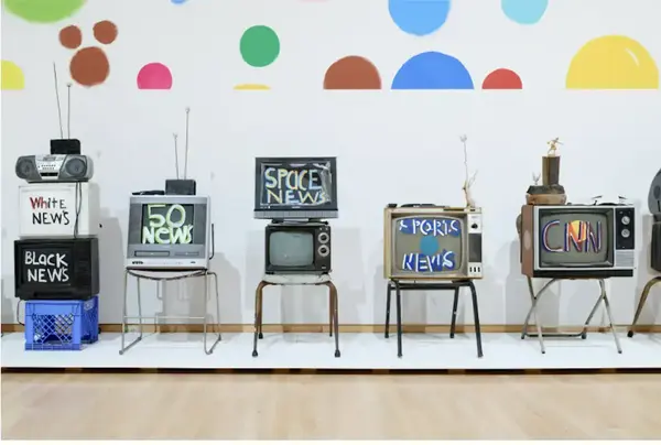Stacked retro TVs display "White News," "Black News," "50 News," "Space News," "Sports News," and "CNN" in colorful text.