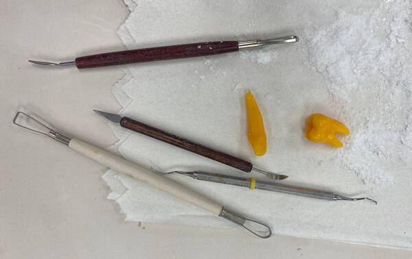 Various dental sculpting tools and two yellow wax tooth models, an incisor and a molar, on a white surface.