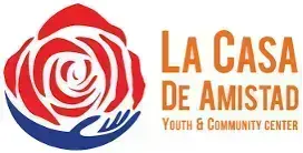 Logo for La Casa de Amistad Youth & Community Center: red rose supported by blue hands.