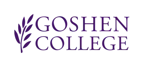 Goshen College logo featuring purple text and a purple laurel branch design.